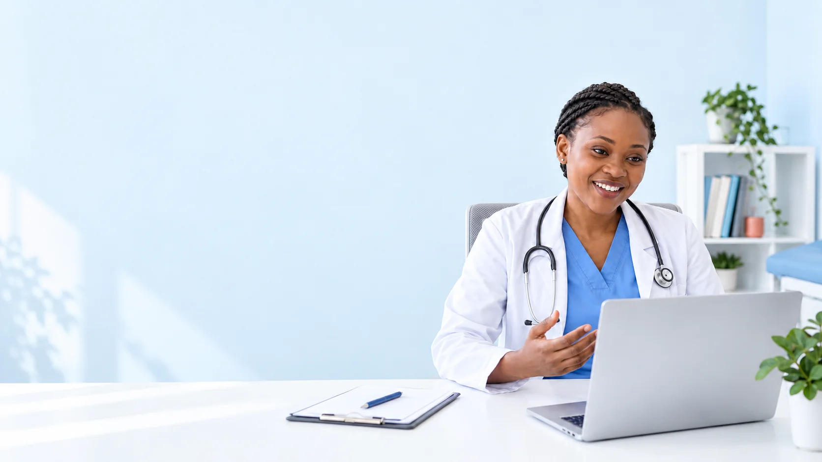 An illustrative clinician during an online consultation. AI-generated, not an actual Medizoom doctor.